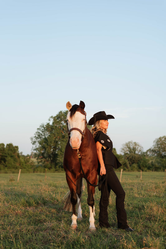An AQHA/APHA paint horse — the kind of beginner-safe breed adult first-time buyers should look for — at Highbrow Ranch in Caldwell, Texas