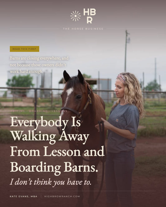 Everybody Is Walking Away From Lesson and Boarding Barns — Highbrow Ranch article cover with Kate Evans and a bay horse