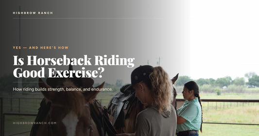 Riders working with saddled horses at the pasture fence at Highbrow Ranch — horseback riding as exercise for adult beginners