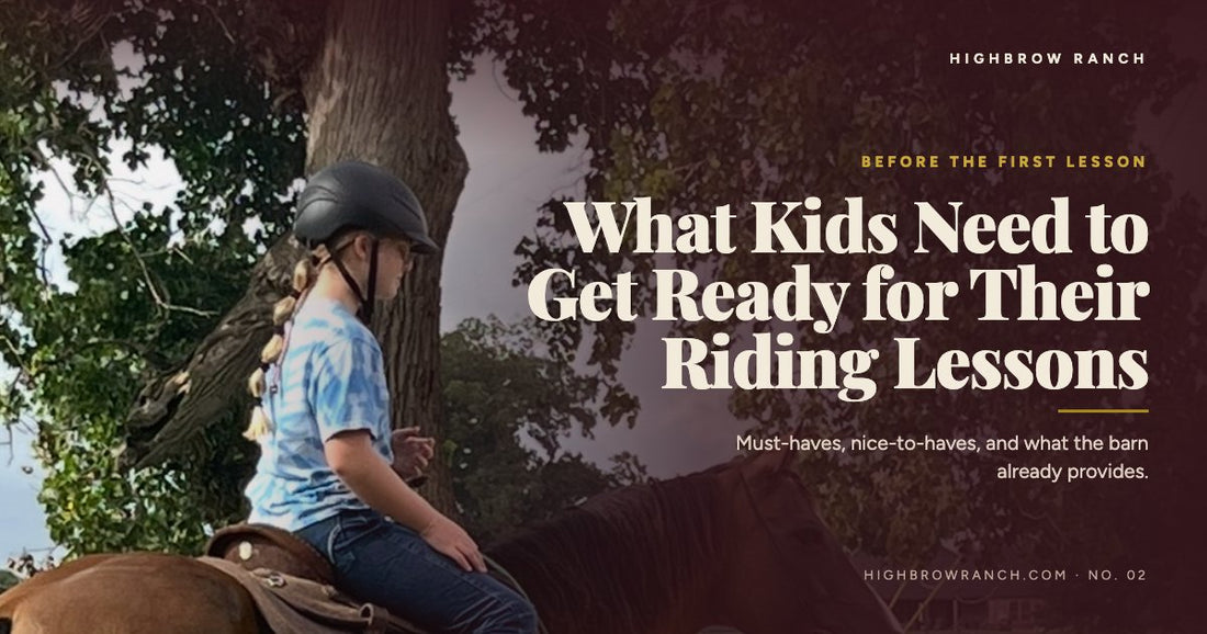 Child in a riding helmet ready for a lesson — what kids need to get ready for their first riding lesson