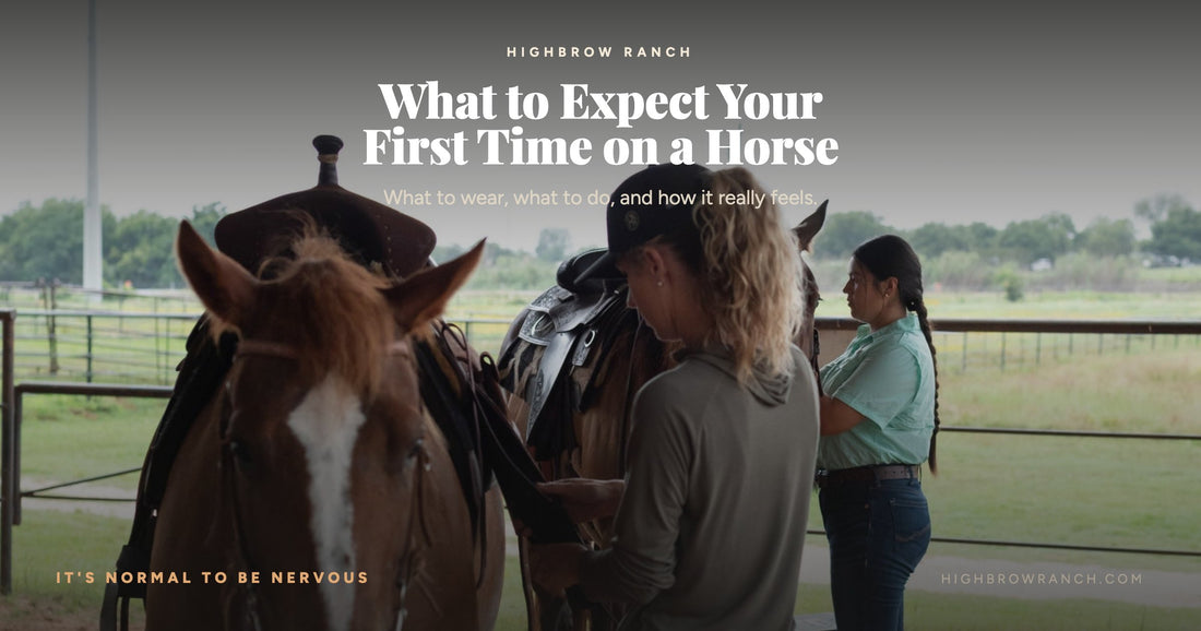 Two adult beginners standing with saddled horses at the fence line before a first riding lesson at Highbrow Ranch in Caldwell, Texas