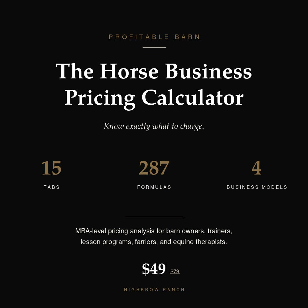 The Horse Business Pricing Calculator by Kate Evans, MBA — Profitable Barn from Highbrow Ranch. 15 tabs, 287 formulas, $49 launch price.